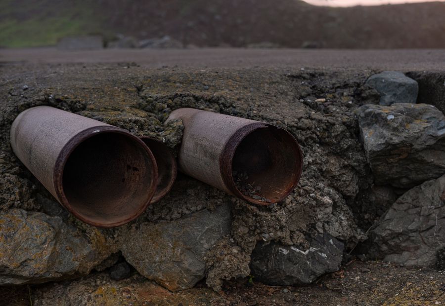 Rusted culvert pipe ends exposed in a broken driveway embankment