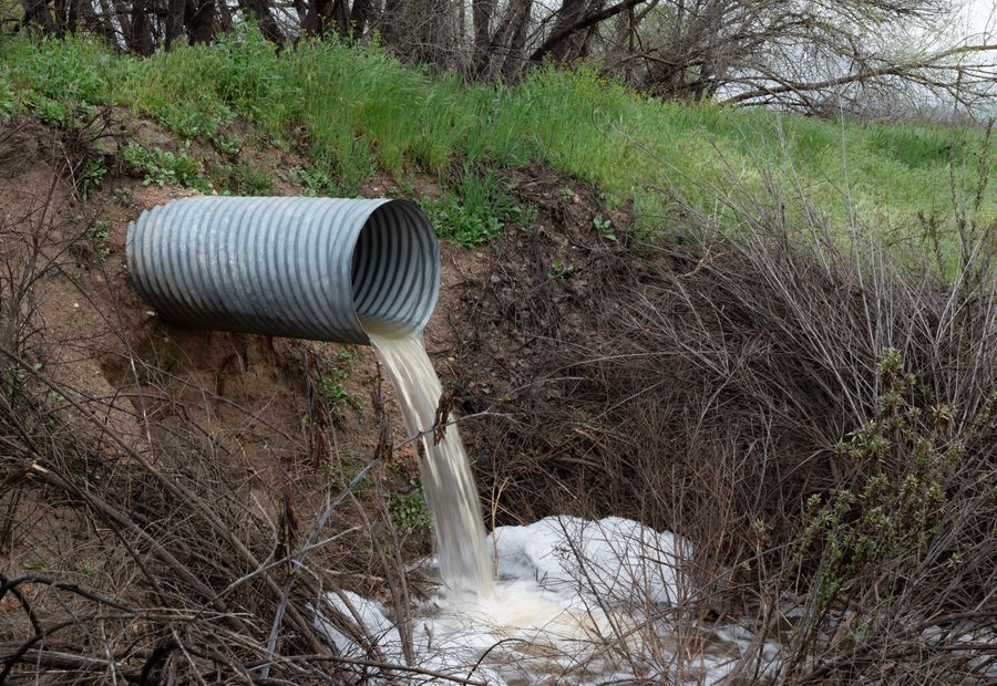 Corrugated metal culvert pipe discharging into a grassy ravine below a rural entrance