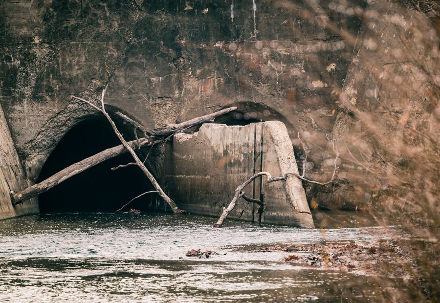Twin concrete culvert outlets discharging into a rock-bottomed stream